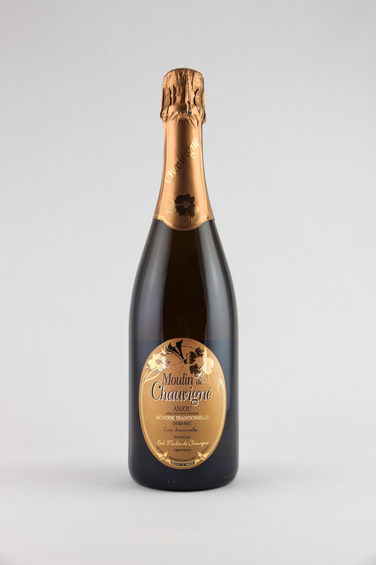 Bouteille de vin effervescent blanc brut Moulin de Chauvigné, AOP Anjou fines bulles, méthode traditionnelle, élaboré en Vallée de la Loire