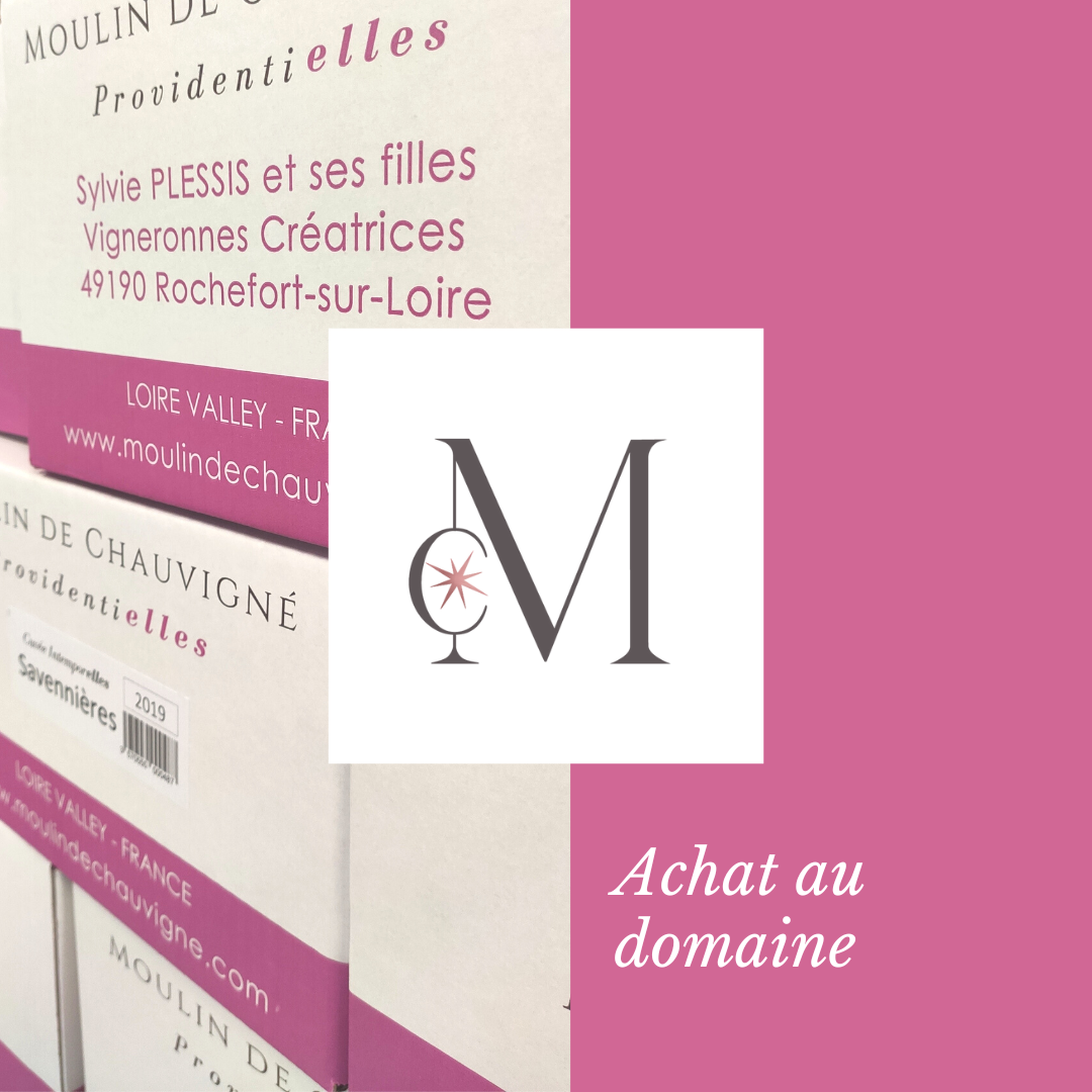 Cartons de vins du domaine Moulin de Chauvigné empilés, mettant en avant l’achat direct au domaine et l’identité des vigneronnes créatrices.