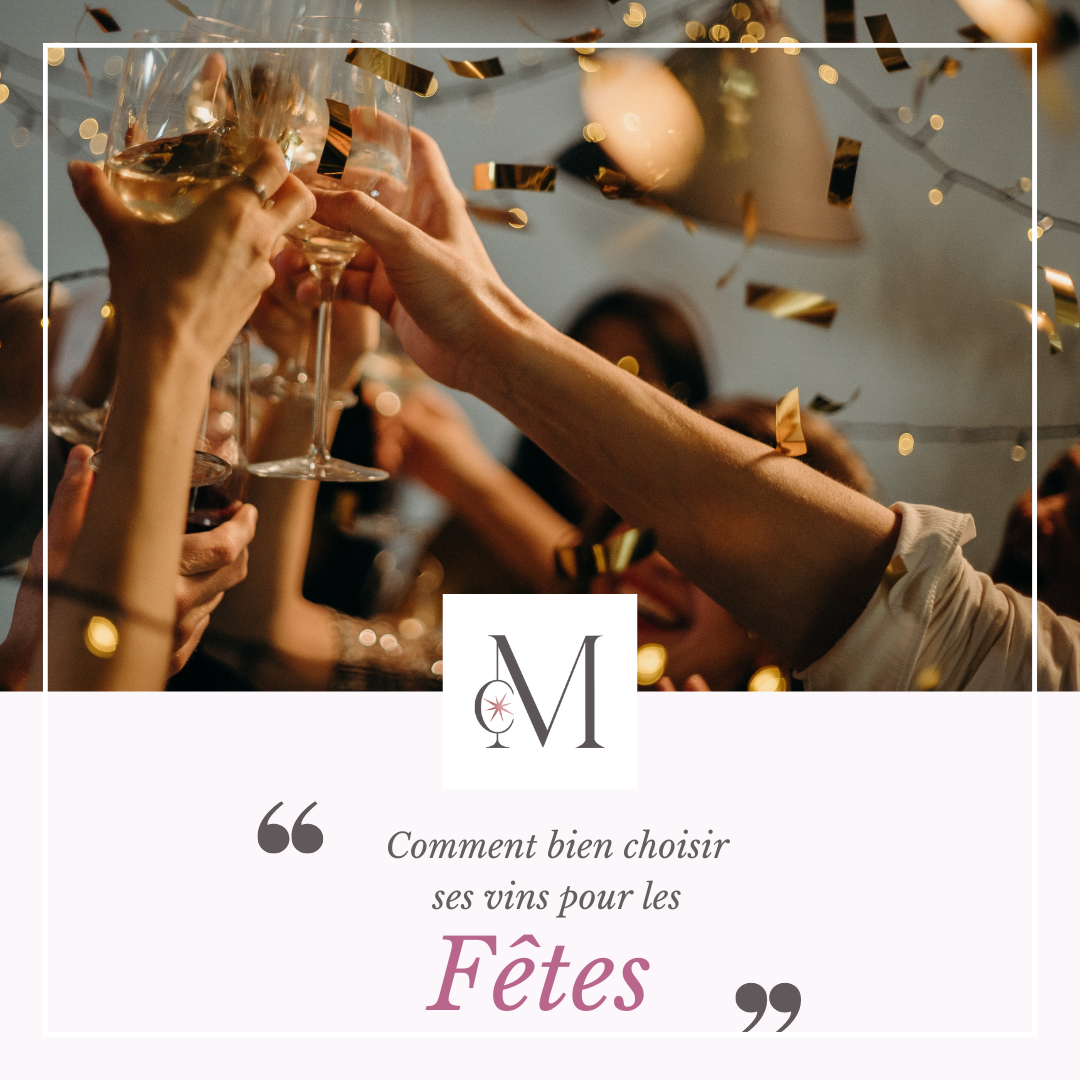 Des personnes trinquent avec des verres de vin lors d’une fête, des confettis dorés tombent. Visuel avec le logo Moulin de Chauvigné et le texte : “Comment bien choisir ses vins pour les fêtes”.