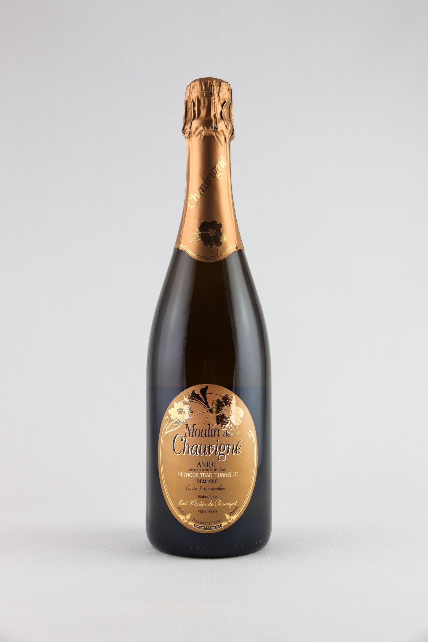 Bouteille de vin effervescent blanc brut Moulin de Chauvigné, AOP Anjou fines bulles, méthode traditionnelle, élaboré en Vallée de la Loire