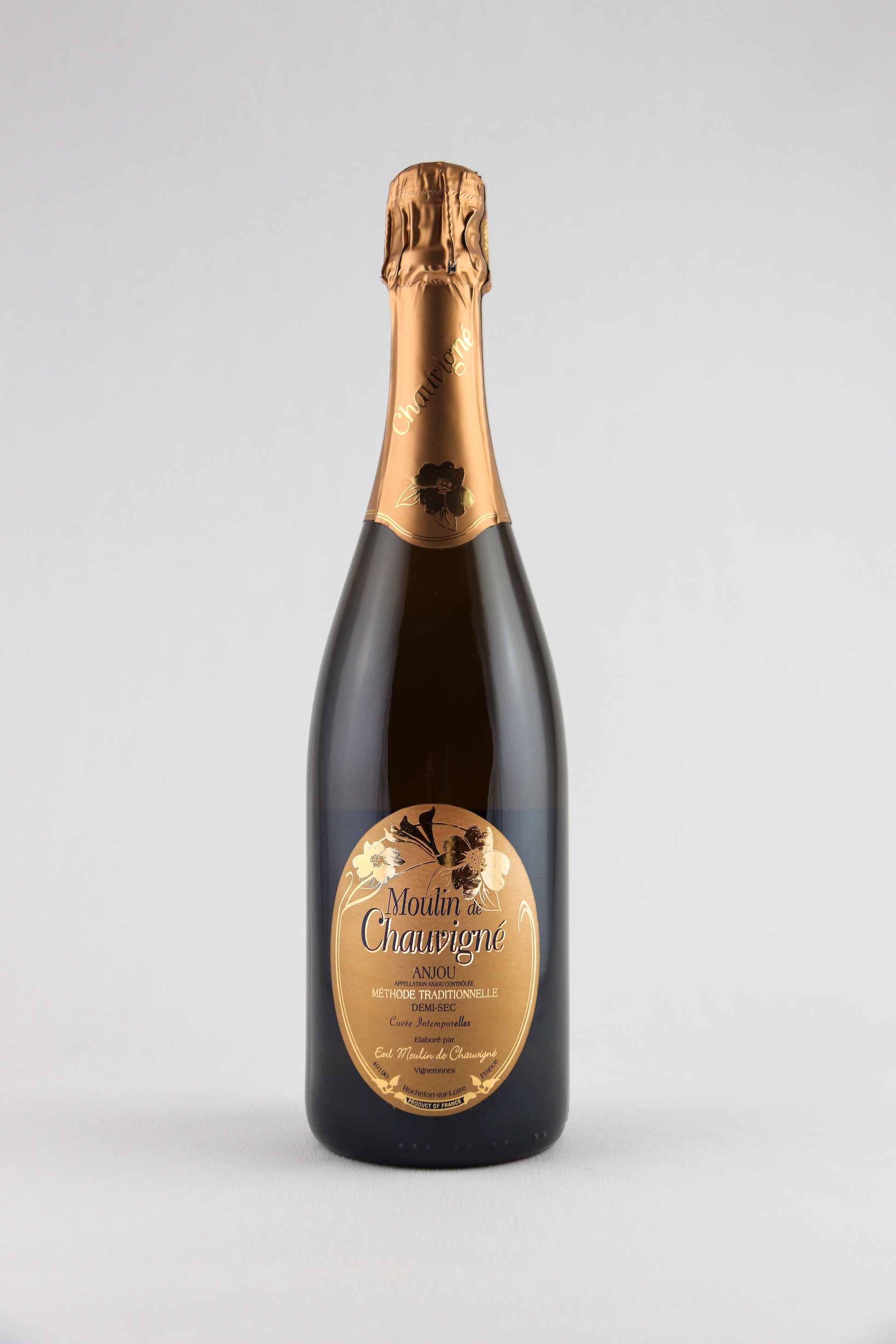 Bouteille de vin effervescent blanc brut Moulin de Chauvigné, AOP Anjou fines bulles, méthode traditionnelle, élaboré en Vallée de la Loire