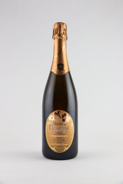 Bouteille de vin effervescent blanc brut Moulin de Chauvigné, AOP Anjou fines bulles, méthode traditionnelle, élaboré en Vallée de la Loire