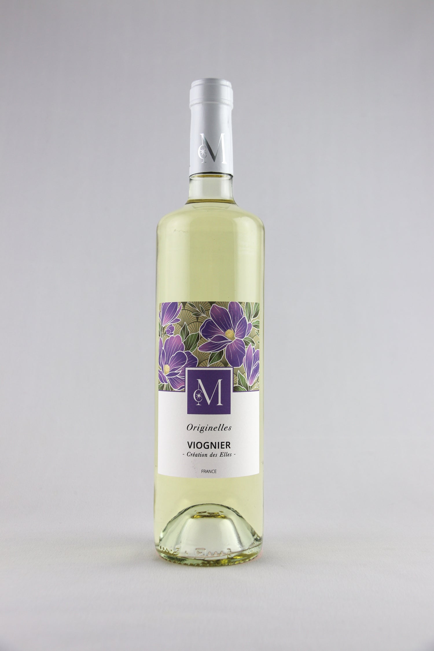 Bouteille de vin blanc Originelles Viognier du Moulin de Chauvigné, présentée sur fond neutre avec une étiquette florale violette