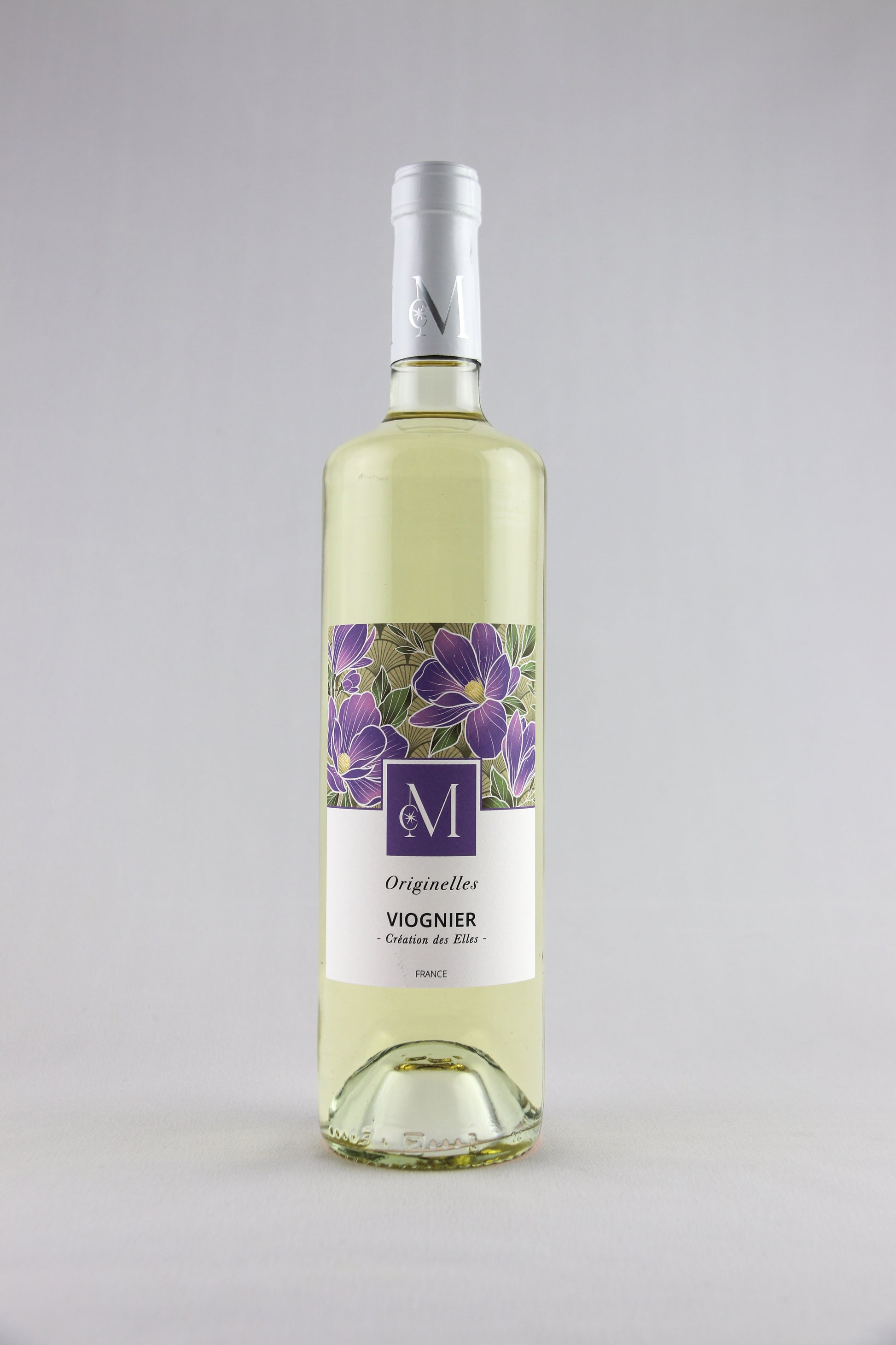 Bouteille de vin blanc Originelles Viognier du Moulin de Chauvigné, présentée sur fond neutre avec une étiquette florale violette